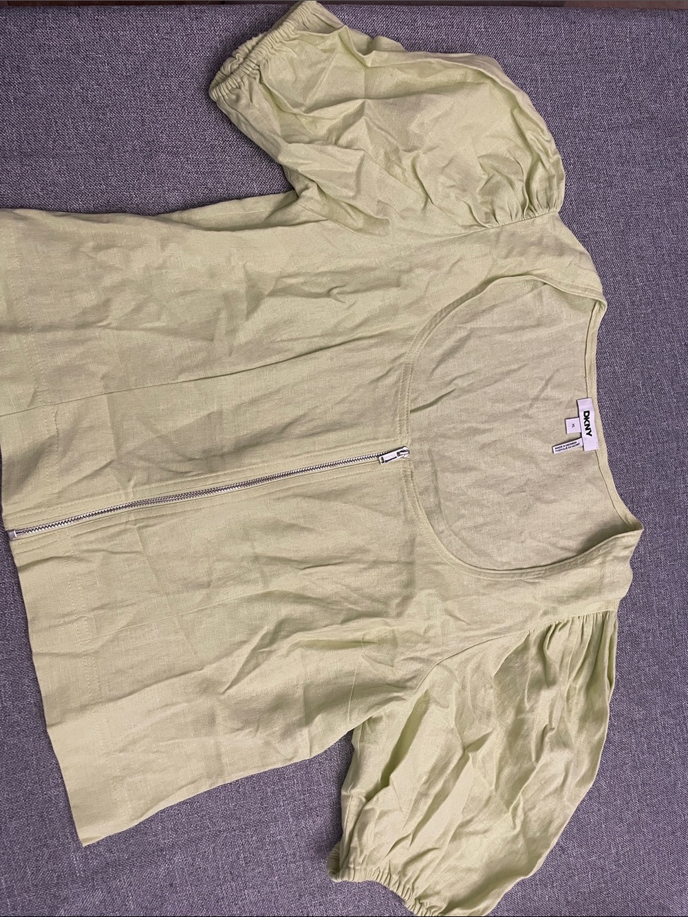 DKNY Light Green Puff Sleeve Zip-Front Tee